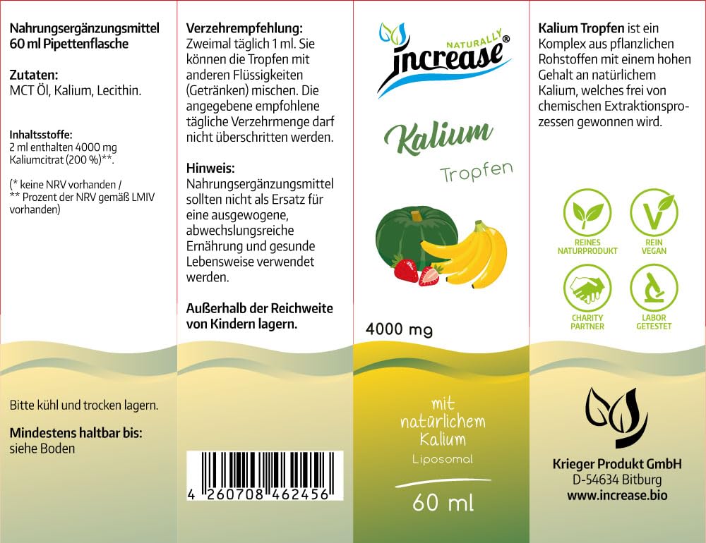 Liposomale Kalium Tropfen hochdosiert - (120.000mg Kaliumcitrat pro Packung) 4000mg Kaliumcitrat pro Tagesdosis -MCT Öl -Hohe Bioverfügbarkeit