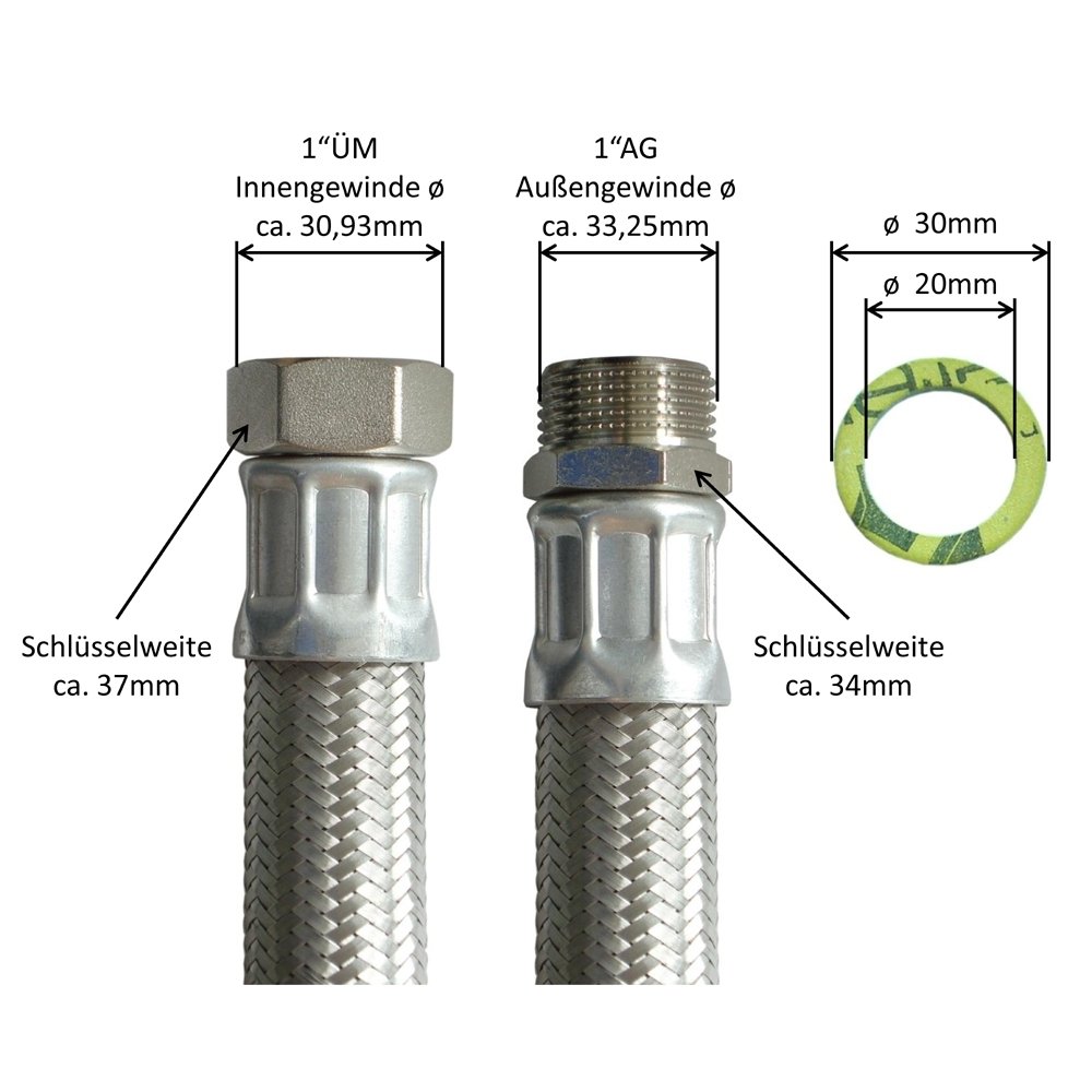 H2O-Flex® DN25 Panzerschlauch 1"ÜM x 1"AG Heizungsschlauch mit Edelstahlgeflecht, Schlauch für Solar Heizung, BHKW und Pumpen für Nutzwasser 500mm