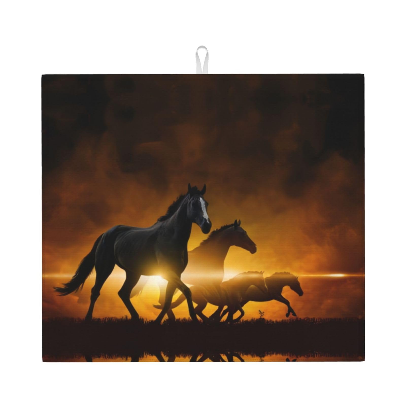 WHJSSF Running Black Horses Prints Kitchen Drying Mat - Absorbent Dish Drying Throw with Colorful Prints, Quick-Dry Countertop Layer for Dishes & Appliances - Non-Slip & Foldable