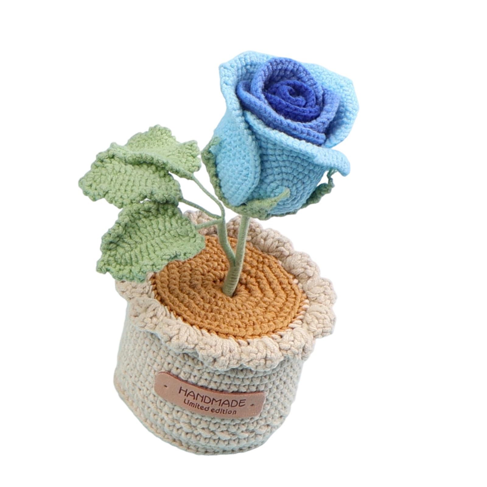 Hredyqw Handmade Knitted Rose In Pots Crochet Potted Plant Ornament Home Decors For Valentines Birthday Wedding