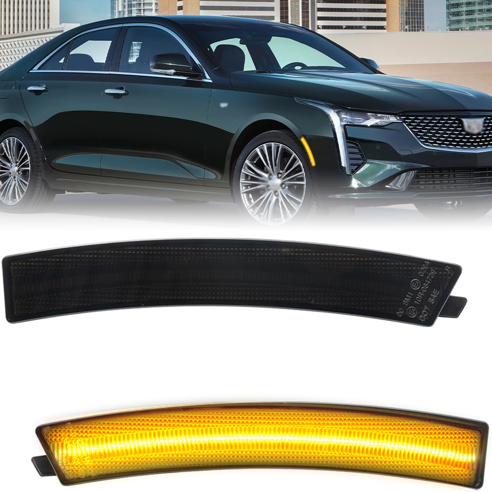 NJSBYL Smoked Lens CT4 LED Side Marker Lamps for 2020-2023 Cadillac CT4 Amber LED Front Bumper Driving Markers Running Singal Lights 84768192 84768193