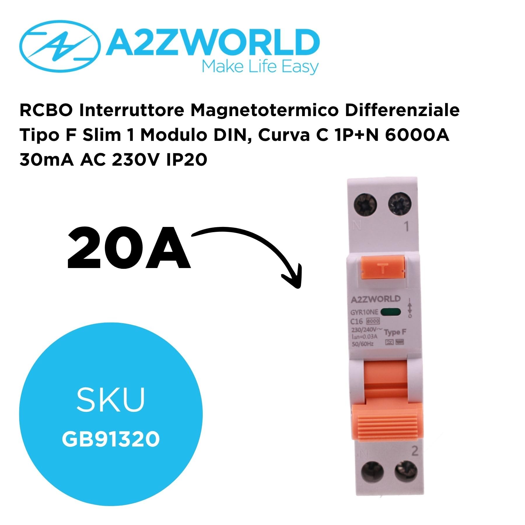 RCBO Type F Slim 20 A C20 Interrupteur différentiel magnétothermique classe F 1 module, courbe C 1P + N 6 kA 30 mA, pour installations d'équipements électroniques modernes