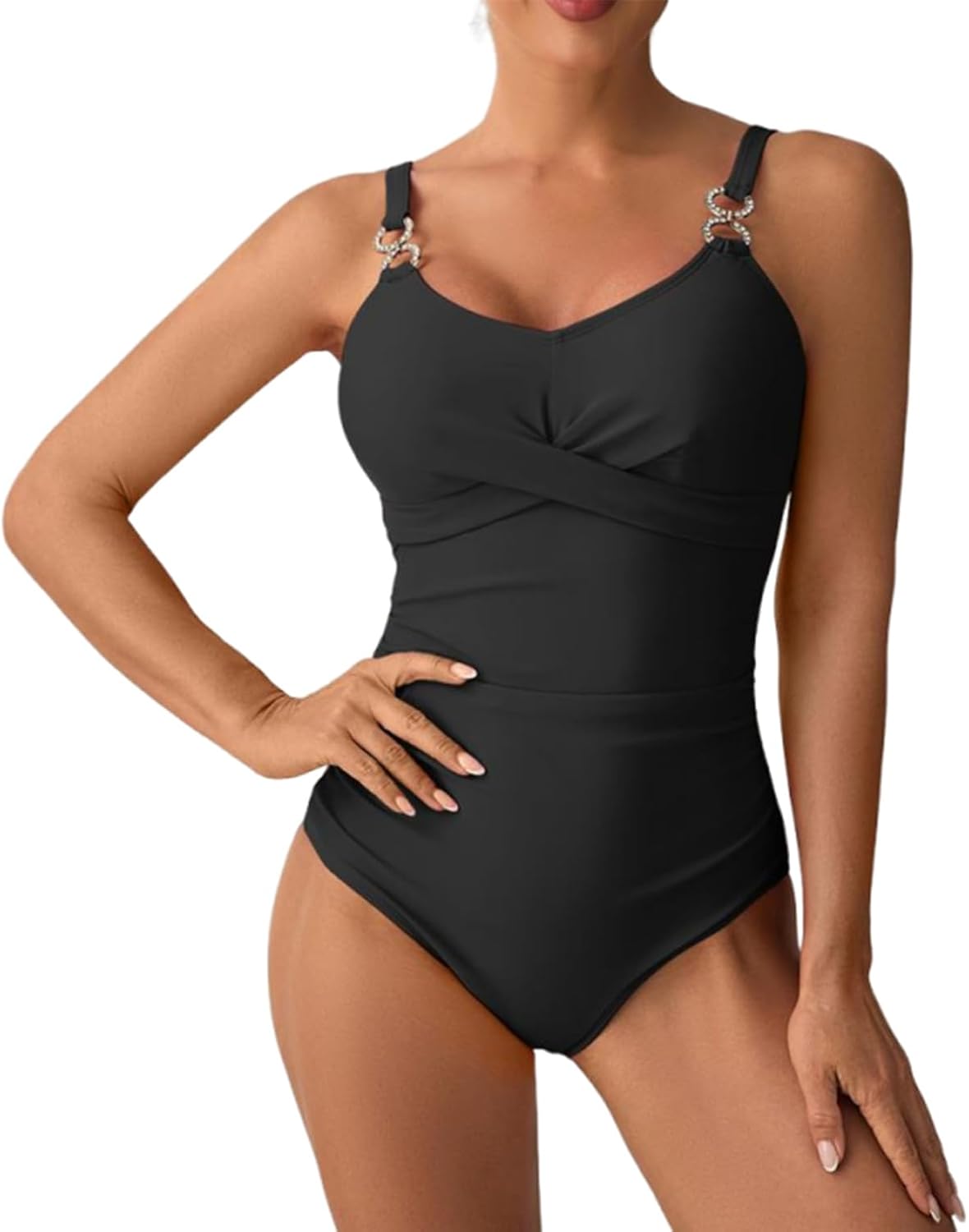 Women's One-Piece Ruched Swimsuit with Decorative Straps, Royal Blue, Classic Design for Swimming and Beach Wear PQ516059