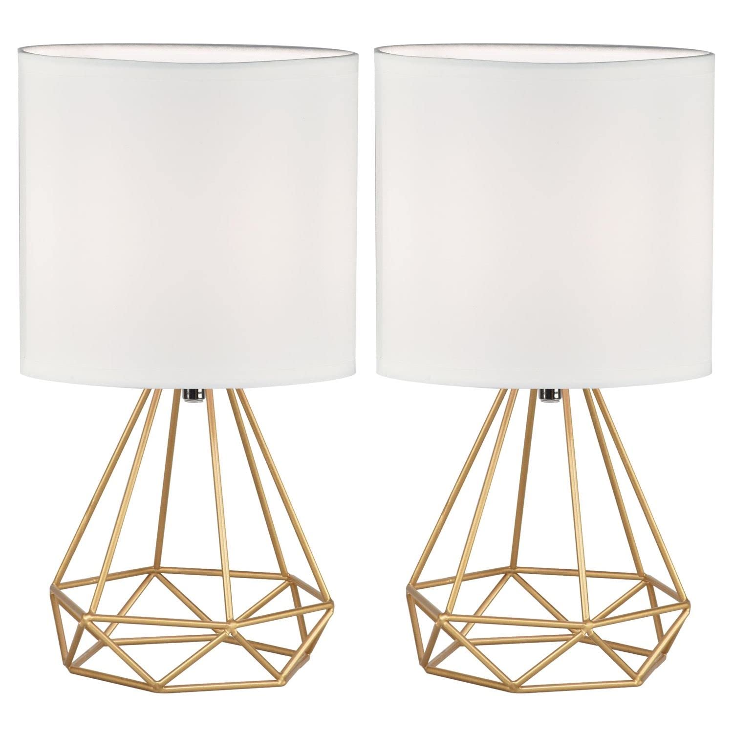 Firstchoicelighting Gold & White Set Of 2 Gold Table Lamps Or Bedside Lights, Modern Geometric Design, White Fabric Shade, 32Cm Height, Led Compatible