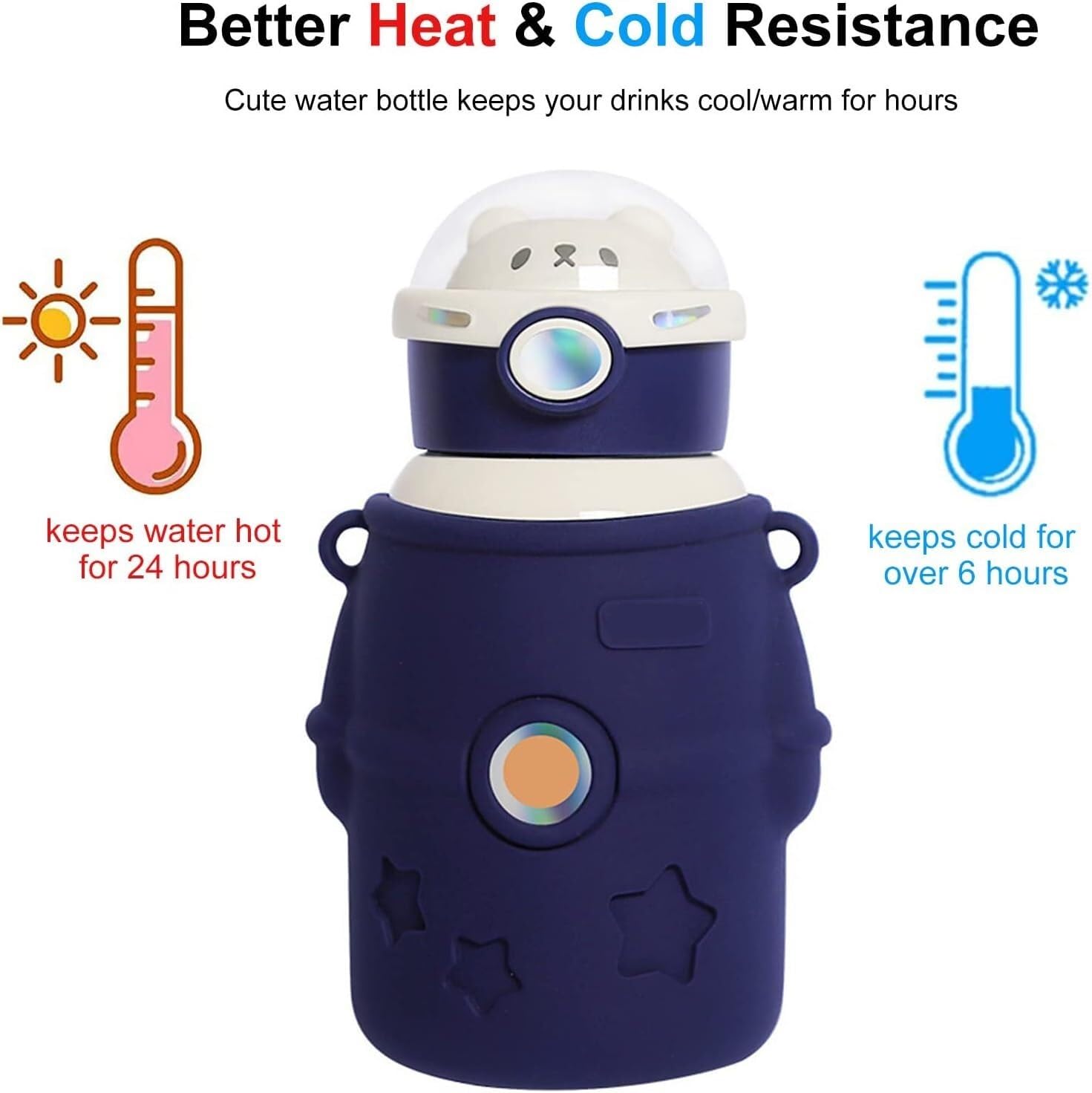 Thermosflasche aus Edelstahl, Kawaii-Isolierbecher mit Aufklebern, 500 ml, Wärmflaschen mit verstellbaren Riemen, Kinder-Wasserflaschen, Reise-Fitness-Trinkausrüstung(Blue)
