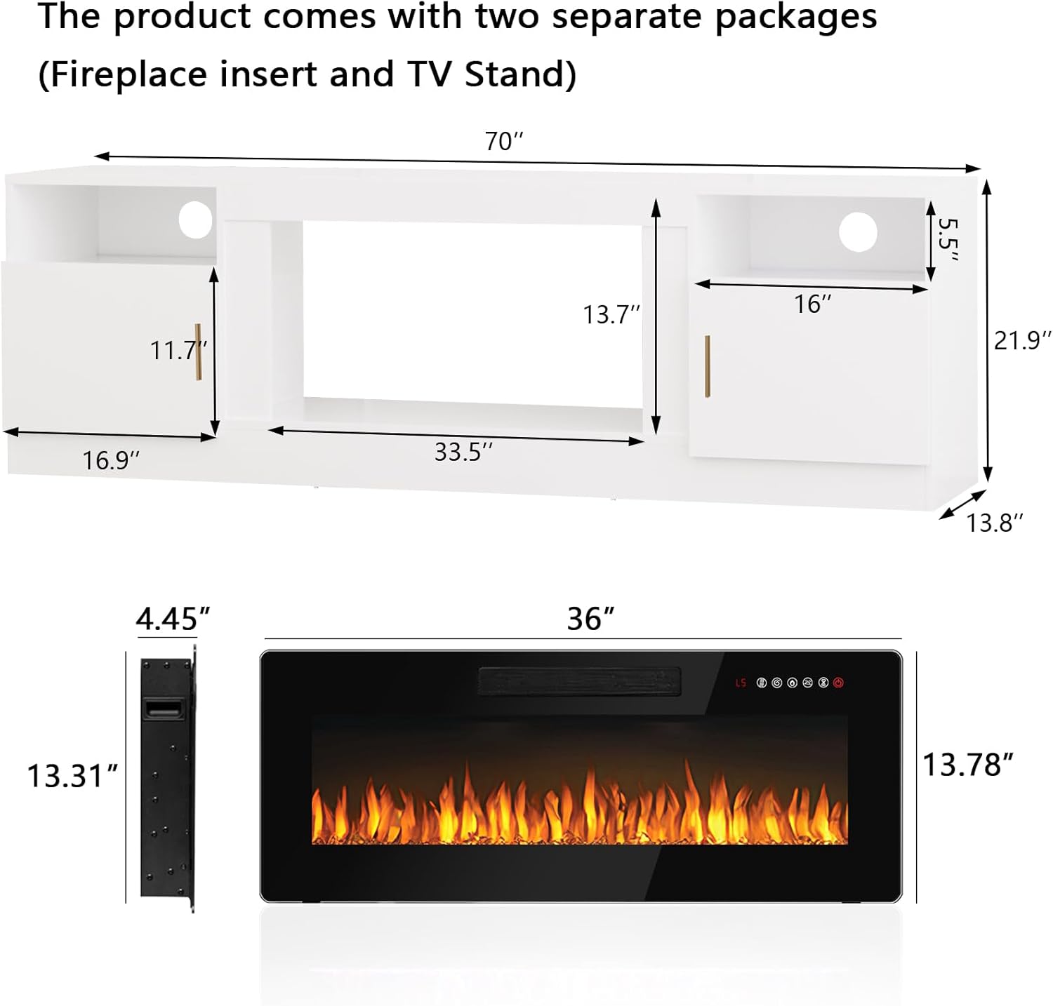 Diagram showing the dimensions of the 70-inch TV stand and the 36-inch fireplace insert.