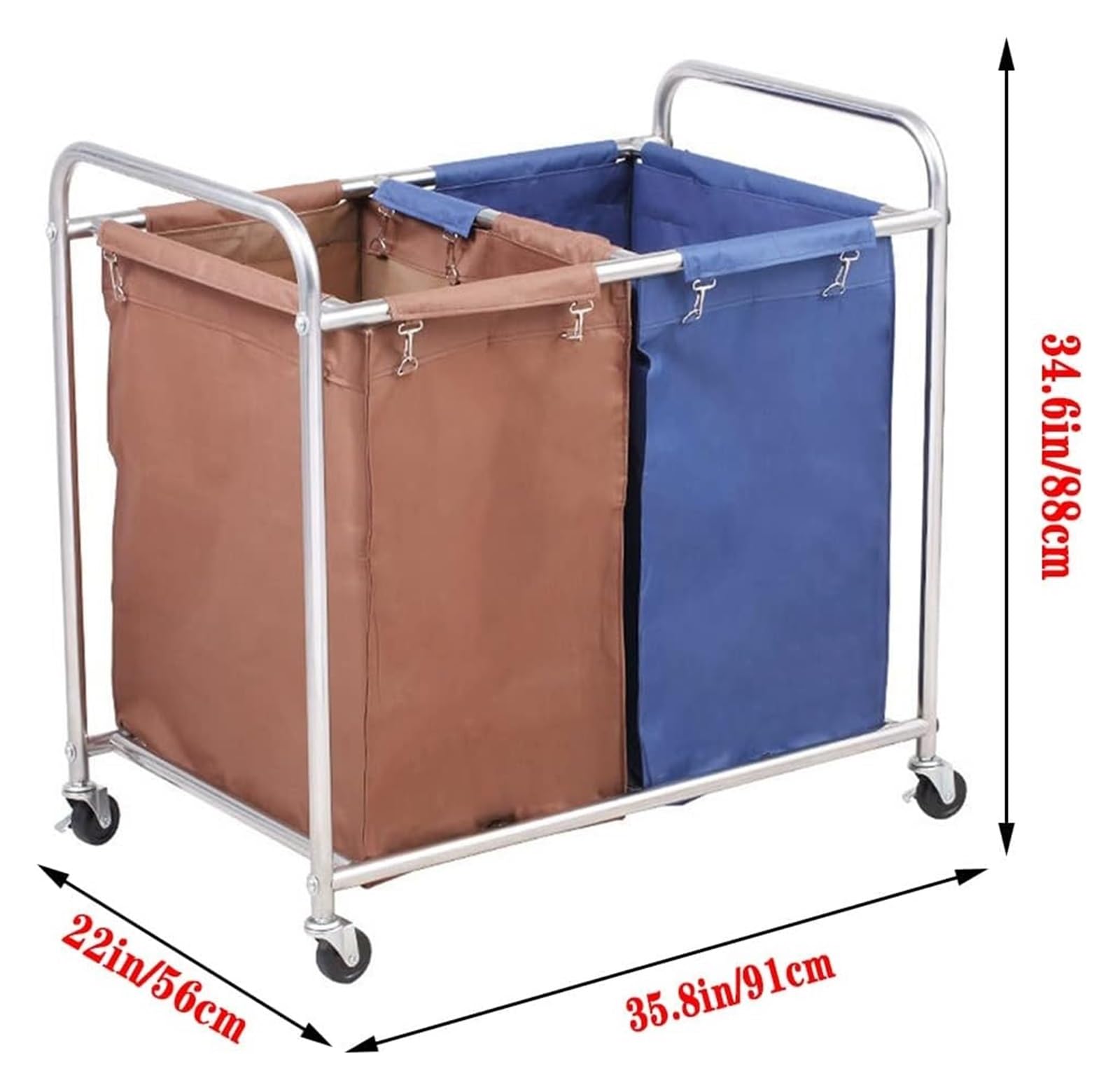 Wäschekorb Mit Rollen Wäschekörbe Auf Rädern, Gewerblicher Wäschewagen, Robuster Rollender Wäschesortierer Mit 2 Abnehmbaren Taschen, Stabiler Metallrahmen, Wäschewagen For Den Hotelzimmerservice(A)