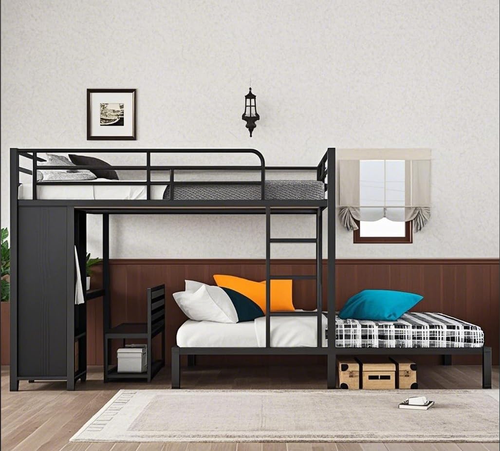 Queen Over Queen Size Metal Bunk Bed Frame with Built-in Wardrobe, Desk and Storage Chairs, Perfect for Kids Teens Adults
