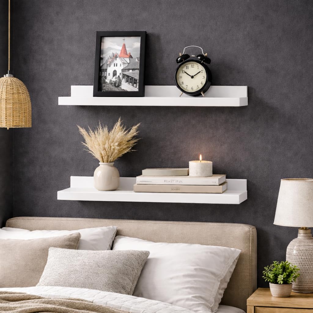 spot on dealz Set of 2 Shelf 48cm Wide Photo Wall Mounted Floating Shelves Decoration Bedroom Living Room Storage (White)