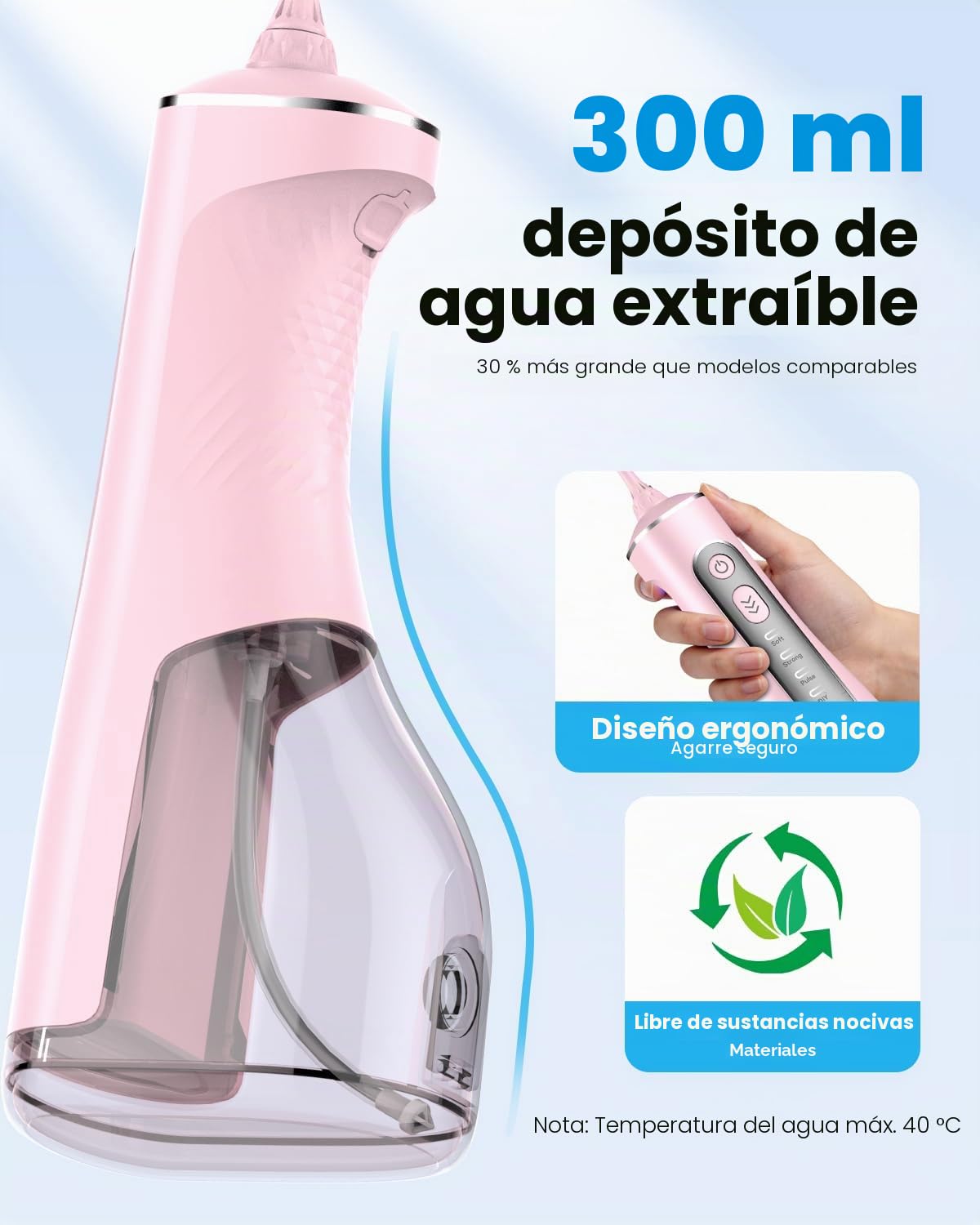JTF Irrigador Bucal Eléctrico 300ML, 3+1 Modos Irrigador Dental, 6 Boquillas IPX7 Portatil Limpiador Dental para Ortodoncia/Encías Sensibles -Limpieza Dientes de Hogar Entusiastas Salud Ora(Rosa)