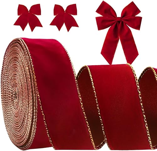 Miniatura 6 de Glodecart 2 rollos de cinta de Navidad para lazos de corona, regalos, cinta de terciopelo rojo y verde para envolver regalos, suministros de fiesta,