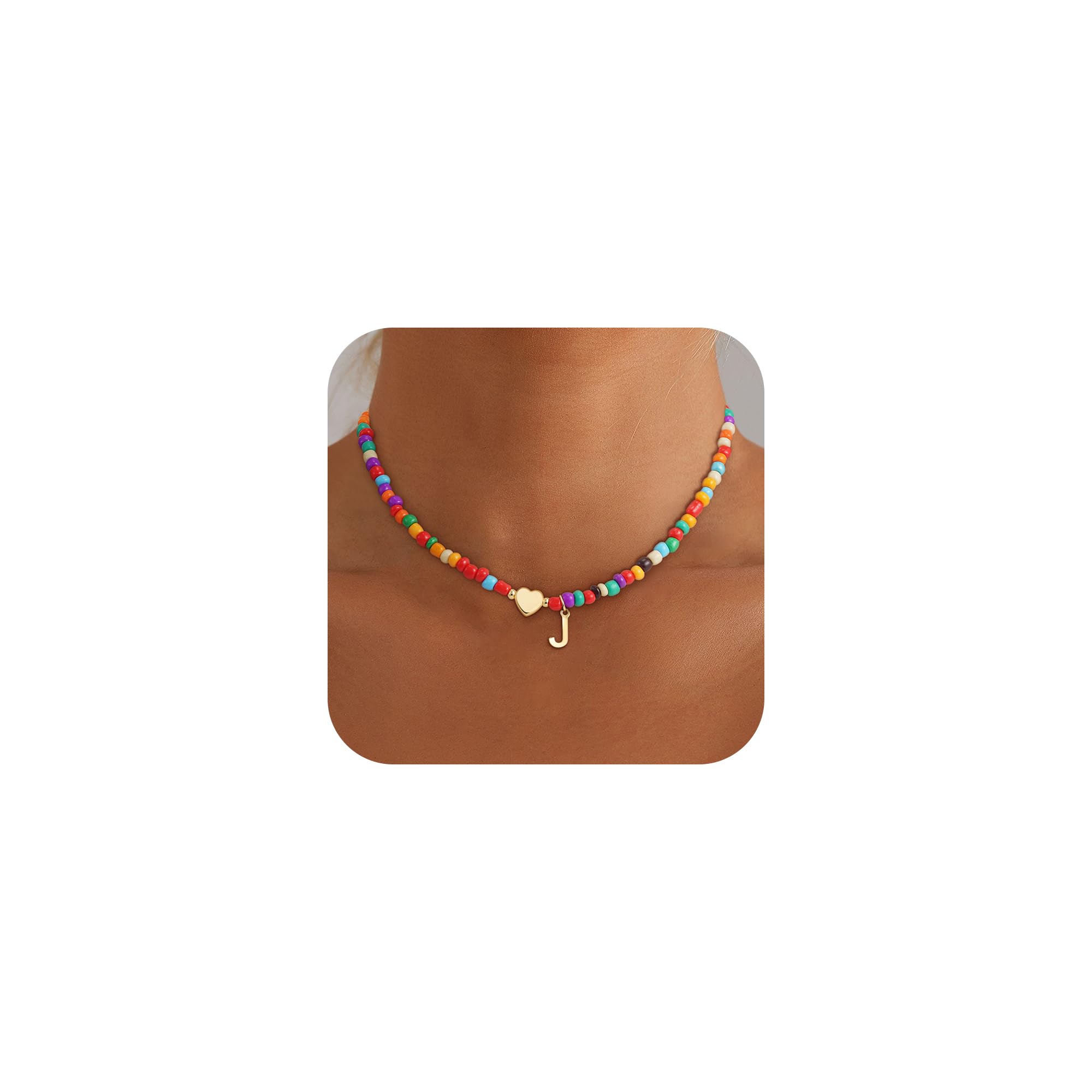 Christmas Gifts for Grandkids Teens Girls - Colorful Beaded Initial Necklace Teen Girl Gifts Trendy Stuff Dainty Letter Choker Necklace Stocking Stuffers for Teen Girls Women Jewelry Gold J