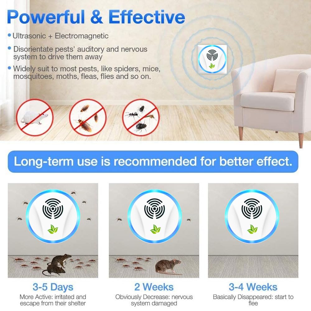Repelente ultrasónico para ratones, insectos, mosquitos, cucarachas, ratas, hormigas, arañas – 4 paquetes, repelente ultrasónico antimosquitos ultrasónico interior dispositivo anti ratones