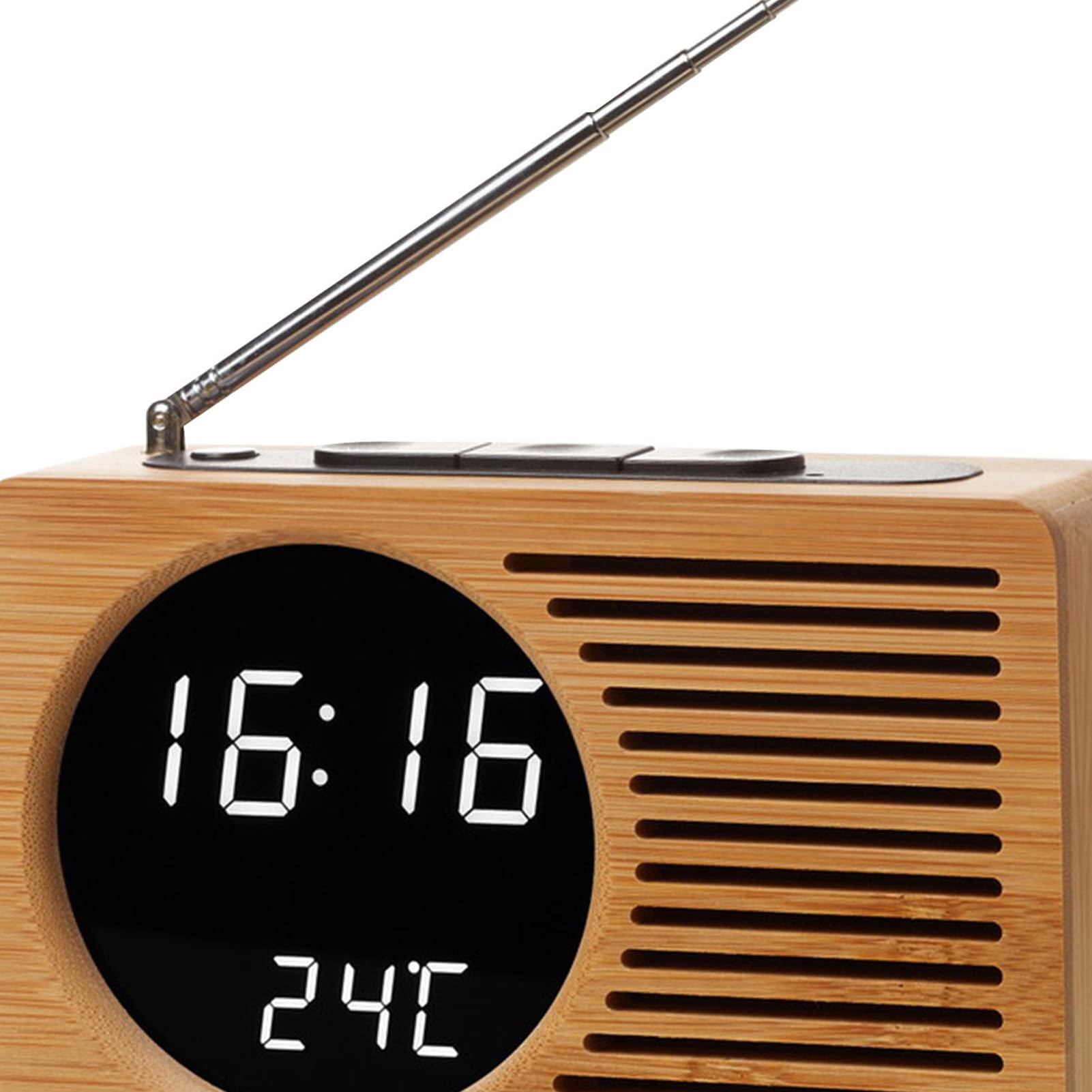 Bewinner Hochauflösende Radiouhr aus Holz mit USB-Aufladung, Einstellbarer Zeitanzeigemodus, Großer Bildschirm, Digitalanzeige, Radiouhr für Wohnzimmer (The Stripes Net Bambus-Spiegeloberfläche,