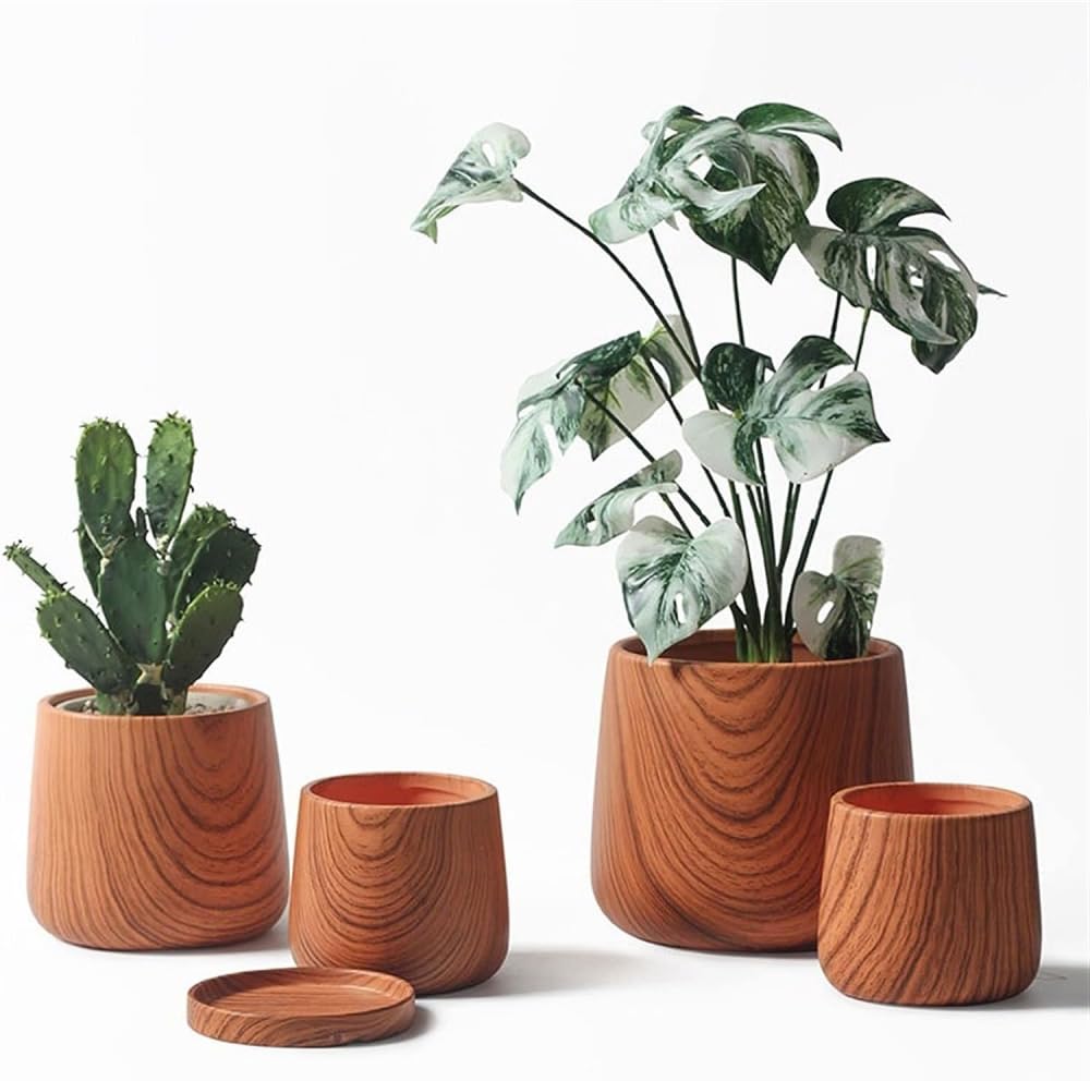 Vasi da fiori creativi, vasi rotondi in ceramica in stile antico, contenitori for piante, contenitori for piante da interno con vassoio, design in finto legno con fori di drenaggio, fiori, vasi, secch