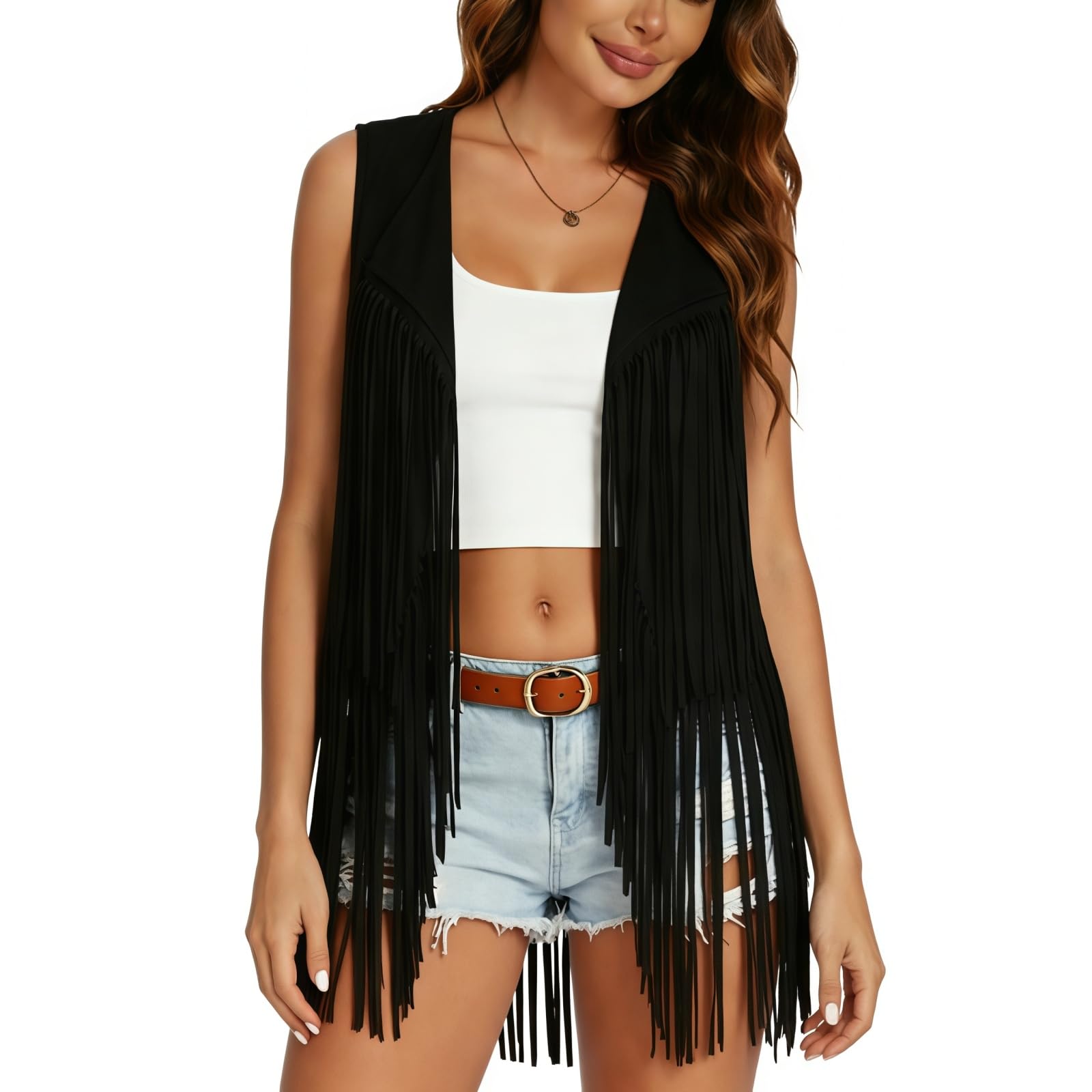 Samheng Women's Black Fringe Waistcoat, Plain Western Cowgirl Sleeveless Open Front Long Gilets With Tassel, Vintage Faux Suede Cardigan Tops Y2k Hippie 60 70S Disco Fancy Dress For Halloween Carnival Party Cosplay