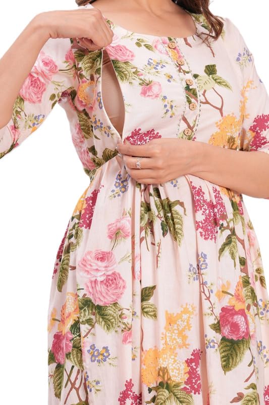 Women Pure Cotton Printed Both Side Invisible Vertical Zipper Feeding Kurti | All Over Print Maternity Feeding Gown Kurta