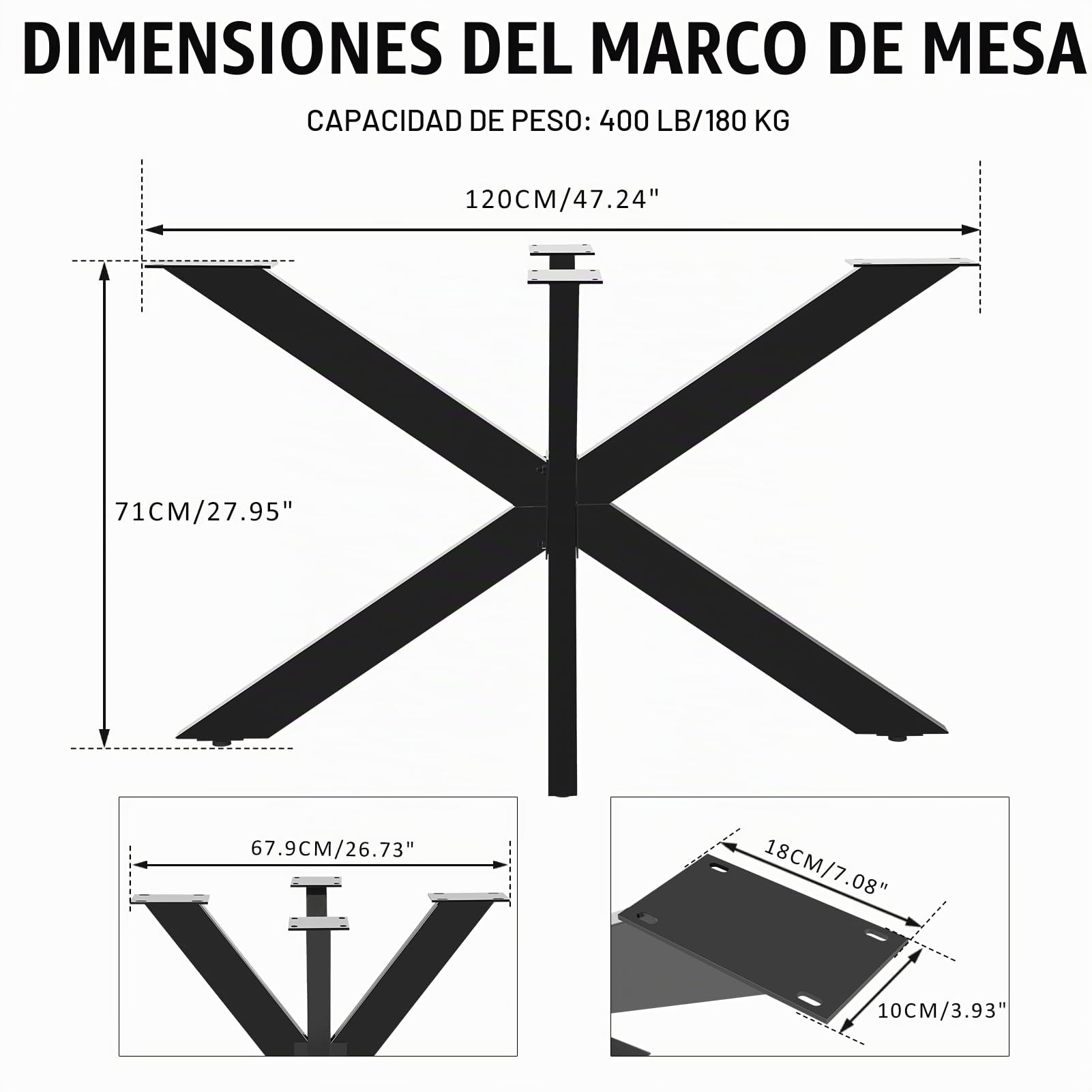Base de Mesa Spider, Pata de Acero Tipo Araña, Marco de Metal Negro, Industrial DIY, para Café y Conferencias | Pie 71 Hx68 Wx120cm