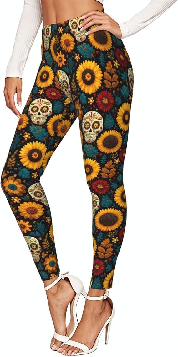Women's High Waist Stretch Leggings-Sugar Skull