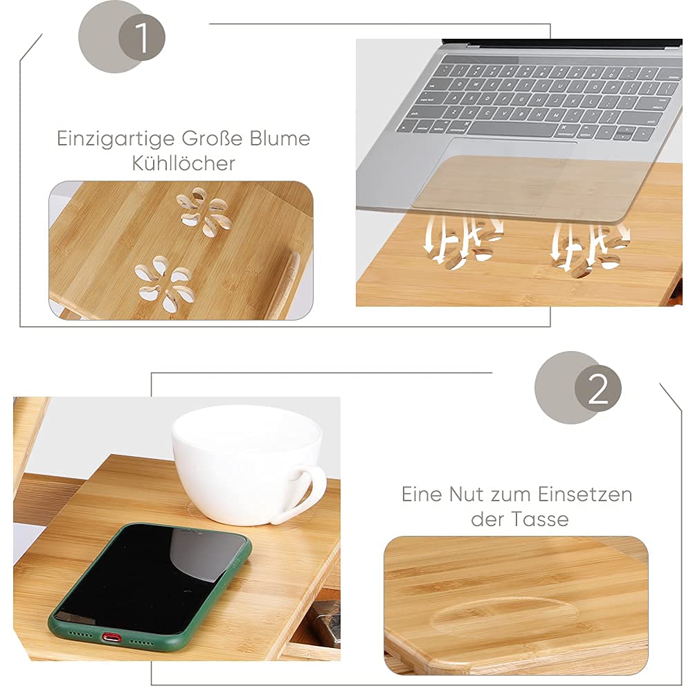 Escritorio portátil de bambú para Cama, con Patas Ajustables para Laptop con Tapa abatible y cajón para sofá Cama