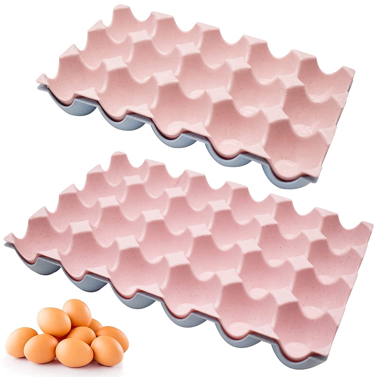 Jicyor Egg Holder, 2PCS Kitchen Plastic Egg Tray, 24 Grids Egg Boxes, PP Material, Stackable, Blue and Pink