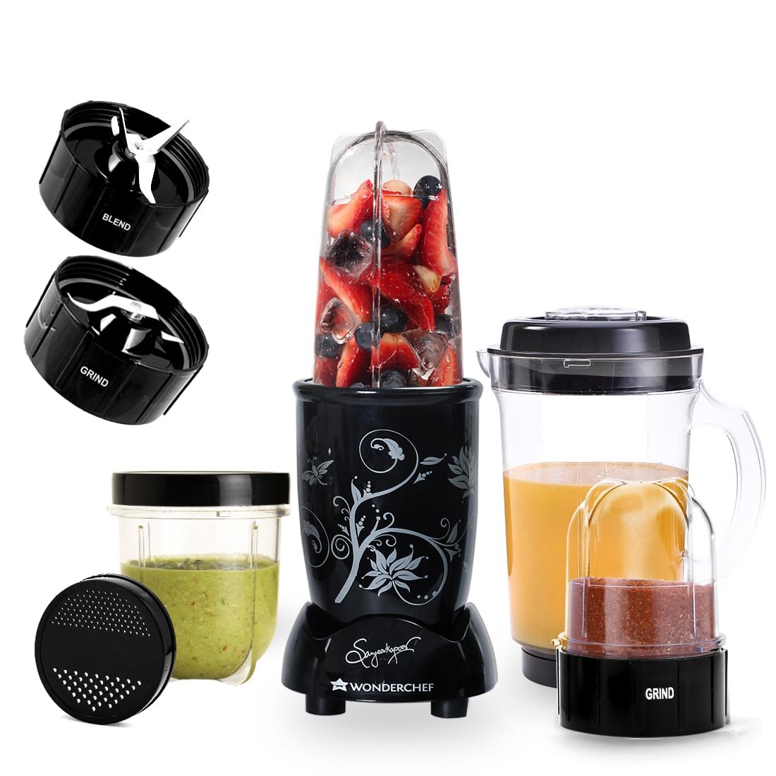 Wonderchef Nutri-blend Juicer, Mixer, Grinder, Blender & Smoothie Maker500W 22000 RPM Full Motor Stainless steel Blades 3 unbreakable jars Recipe book by Chef Sanjeev Kapoor 2 Jar,3 Jar Black