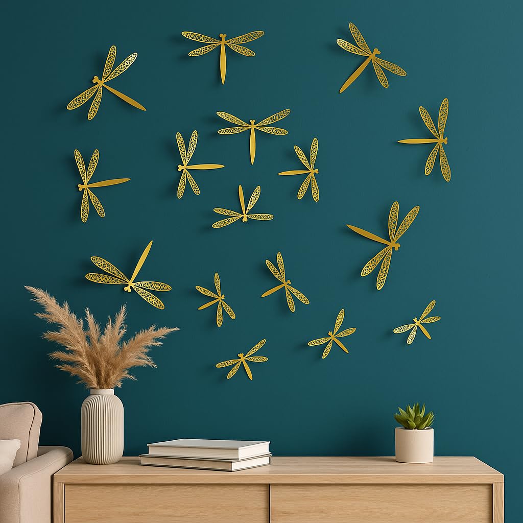 Xtore 12pc 3D Lucky Golden Dragonfly for Home | Cake | Interior | Office Decor (Pack of 12, Golden)-image-43