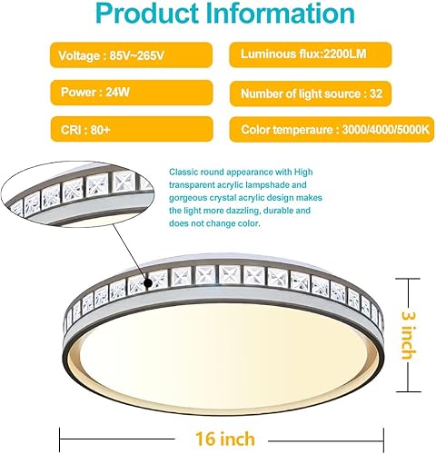 Miniatura 4 de Lámpara de techo LED de 16 pulgadas montaje empotrado de cristal moderno 24 W 3 temperaturas de color 3000 k4000 k5000 k ajustable lámpara de techo