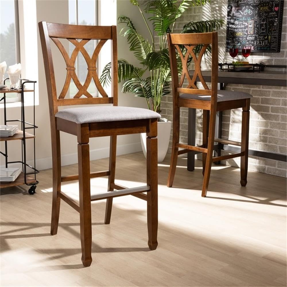 BOWERY HILL Bar Stool Set, 2-Piece, 47.6 in H x 18.11 in W x 20.9 in D, Walnut Brown Wood Frame, Gray Polyester Upholstery, Foam Padding, Cut-Out Back Design, Contemporary Style for Commercial or