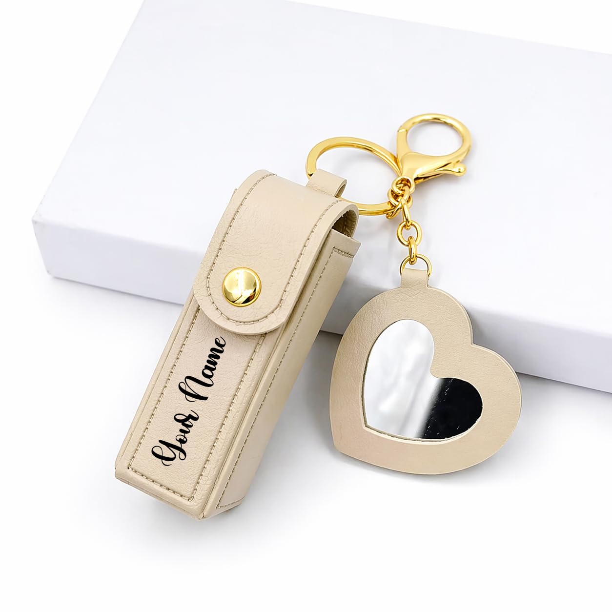 Personalized Leather Lipstick Holder Keychain with Heart Mirror Charm, Custom Name Lip Balm Case Key Ring for Women Girls Gift Purse Accessory-image-2