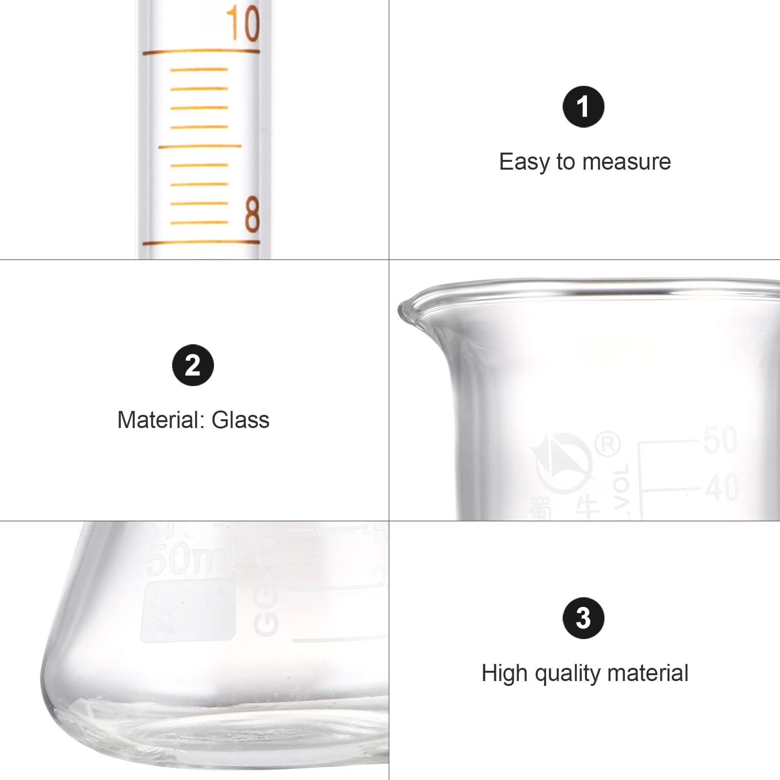 Konische Glaskolben, 3-teiliges Laborglas-Set – 50 ml Messbecher, Erlenmeyerkolben, 10 Messzylinder