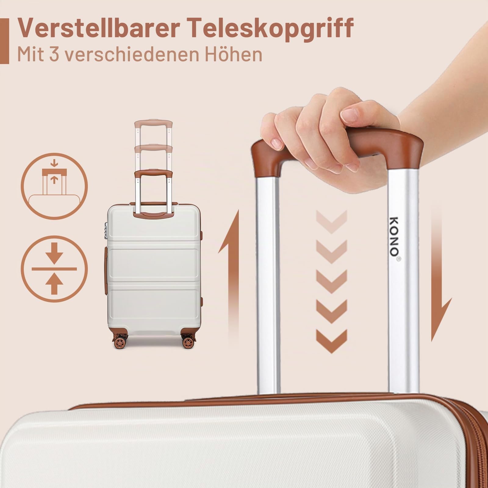 KONO Koffer & Trolleys Mittelgroß 24 Zoll Leicht ABS+PC Hartschalenkoffer mit TSA-Schloss Reisekoffer mit 4 Rollen Rollkoffer 65×44×25.5cm, Cremeweiß