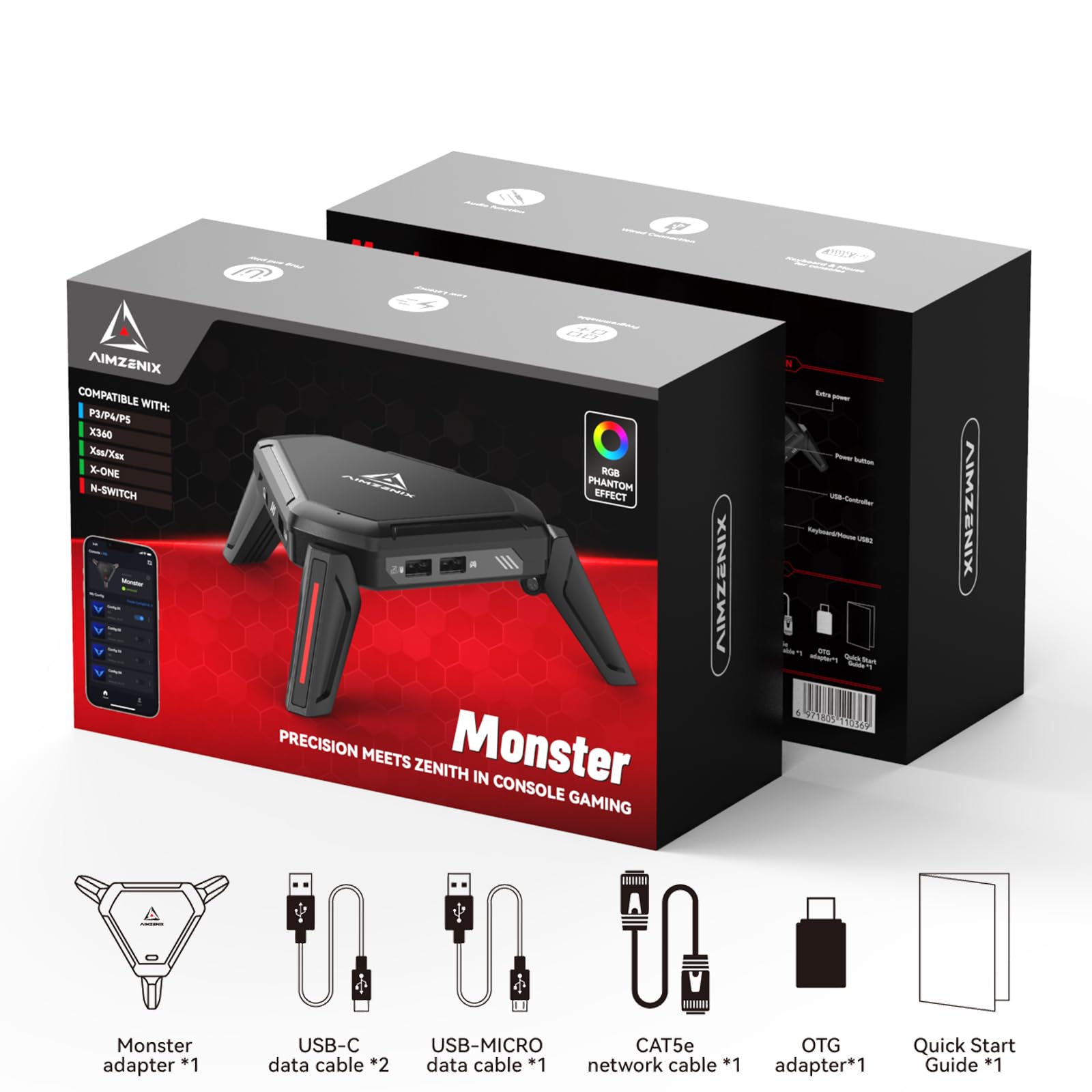 AIMZENIX Monster - Adattatore emulatore per PS5, PS4, PS3, Xbox ONE, Xbox 360, Xbox Series X/S, Nintendo Switch, PC, controller per videogiochi con porta di rete per PS5, con jack audio da 3,5 mm