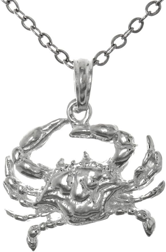 925 Sterling Silver Nautical Charm Necklace Pendant with Chain, Small 2-D Blue Crab