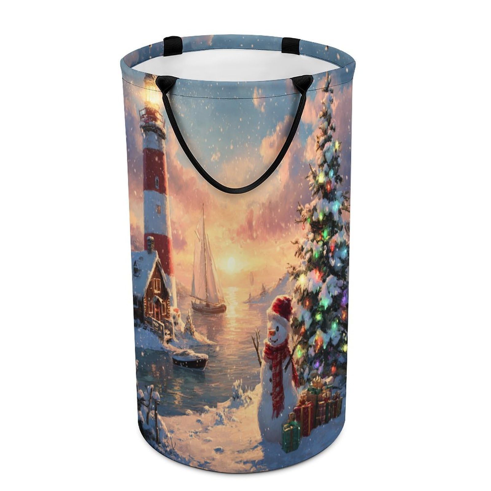 LUYYSKY Rustic Cute Christmas Snowman Versatile Storage Laundry Basket, Vintage Colorful Nautical Seaside Lighthouse Xmas Tree Large Capacity Bathroom Hamper With Handle