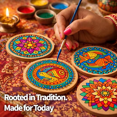Image of Mind Pilot Dot Mandala Coaster Painting Kit for Adults | 4 Pre-Marked 4 inch + 2 Pre-Marked 7 inch MDF Coasters & Hangings | Lotus Stand | 6 Acrylic Paints, Dotting Tools & Brushes | DIY Home Decor & Return Gift | Beginner Friendly