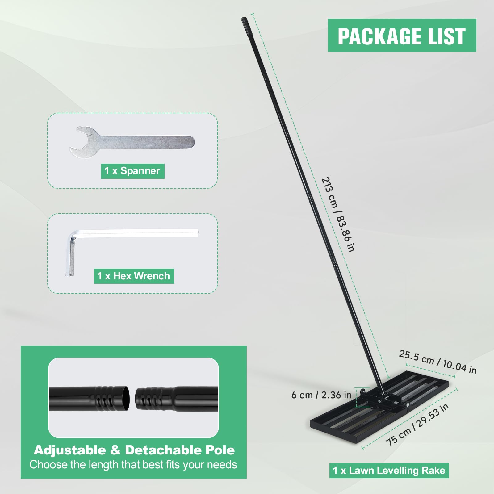 Rastrello 2 in 1 con manico regolabile (81 – 213 cm) e testa pieghevole – Attrezzo da giardino durevole in ferro per livellare terreno, sabbia e terriccio