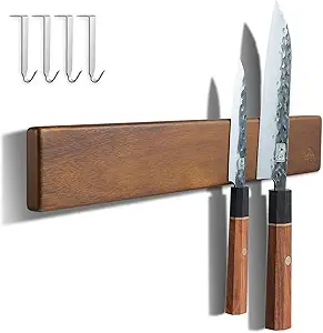 ENOKING Magnetic Knife Holder for Wall, Knife Magnetic Strip No Drilling 16 Inch, Powerful Kitchen Knife Magnetic Holder, Acacia Wood Knife Magnet for Kitchen Utensil Organizer with 4 Hooks
