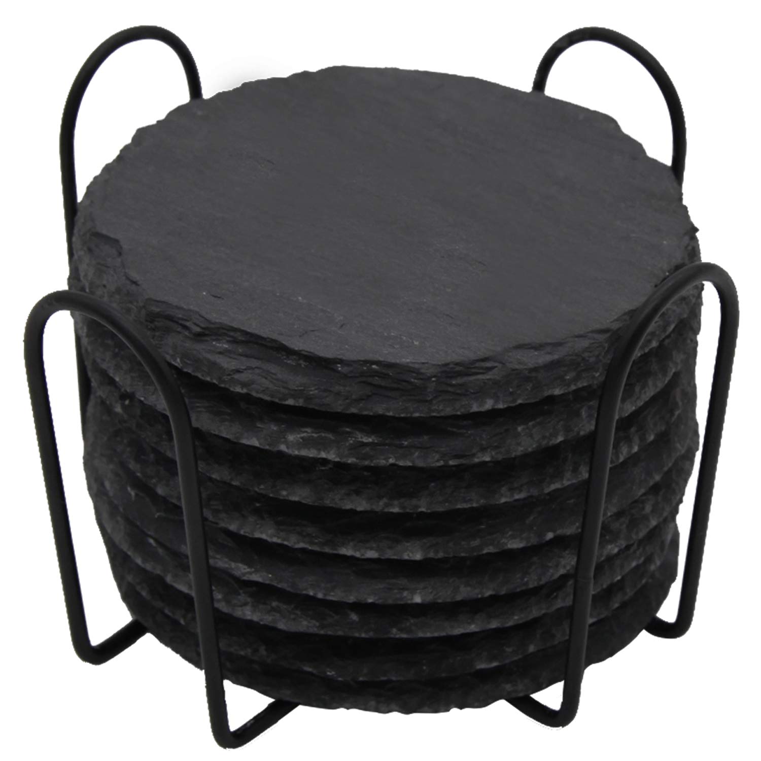 GOH DODD Drink Coasters with Holder, 8 Pieces Round Slate Stone Coasters 4 Inch Handmade Coasters for Bar and Home, Black