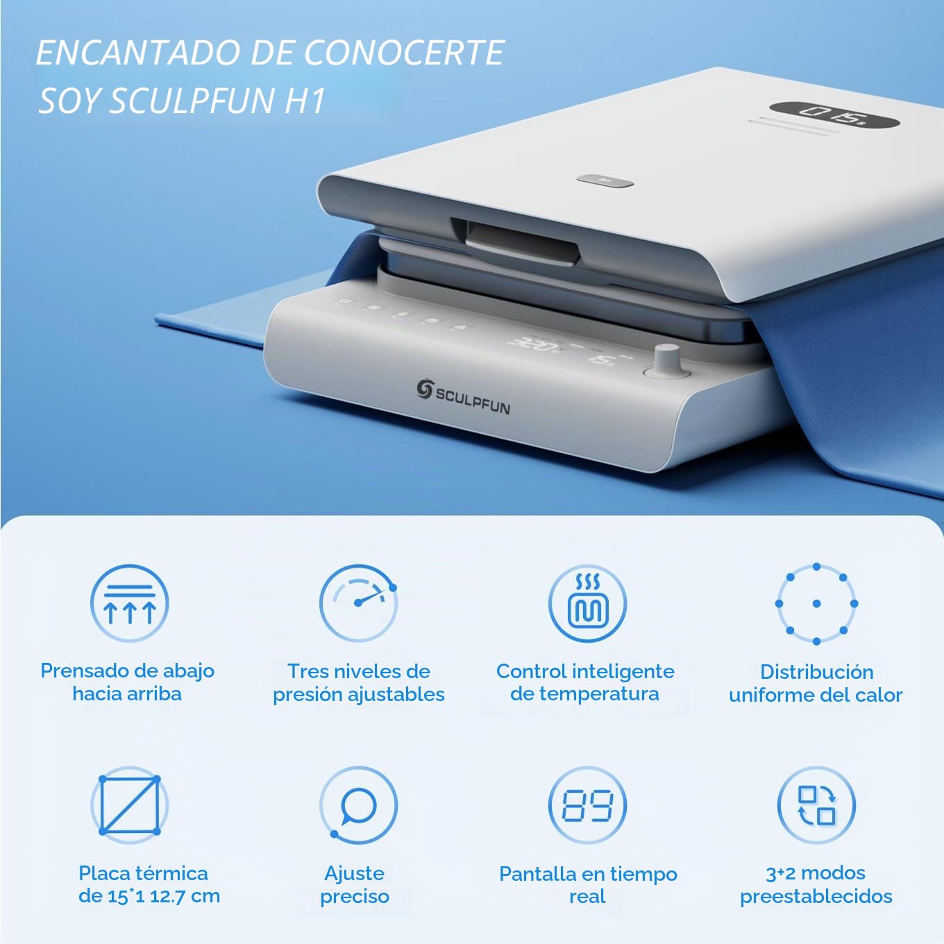 SCULPFUN H1 Prensa Termica Automática, Prensa de Calor con Pantalla LED Digital, Control De Temperatura, Presión Ajustable de 3 Niveles, 38x38cm Impresora DTF Textil, Camisetas DIY, Vinilo