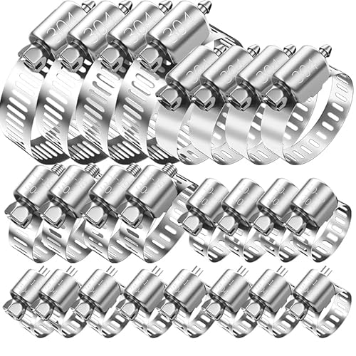 WEDEHE 20 Pcs Hose Clips Set, Adjustable Small Hose Clamp 304 Stainless Steel, 6-38mm Range Assorted Pipe Clips, 6-12/10-16/13-19/16-25/21-38mm, Tube Clamp for Pool, Pond and Garden