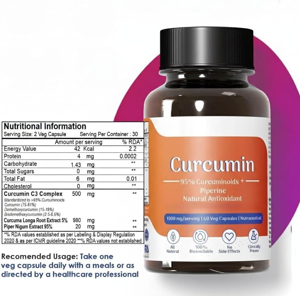 Organic Curcumin with Piperine (1500Mg Curcumin 95% Per Serving), Premium Turmeric Extract, 60 Vegetable Capsules with Piperine (Pack of 1)