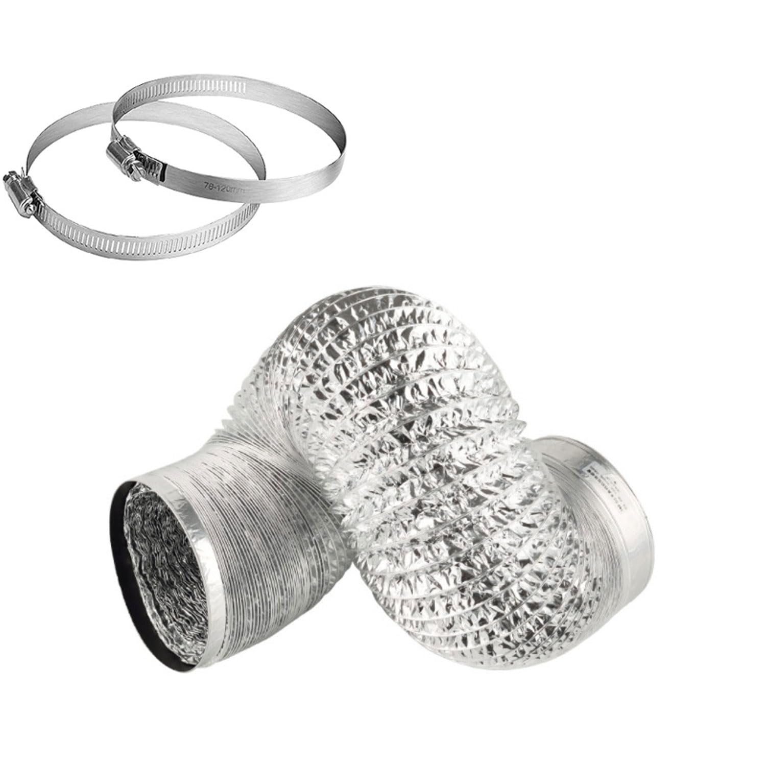 Mangueras de aluminio para conductos, Manguera flexible de ventilación aluminio for secadora, conducto aire sin aislamiento con 2 abrazaderas acero inoxidable(4m,200mm)
