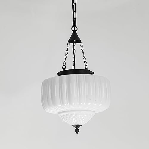 Miniatura 7 de Lámpara colgante de vidrio de leche, lámparas de techo modernas de mediados de siglo de mediados de siglo, acabado negro con vidrio esmerilado,