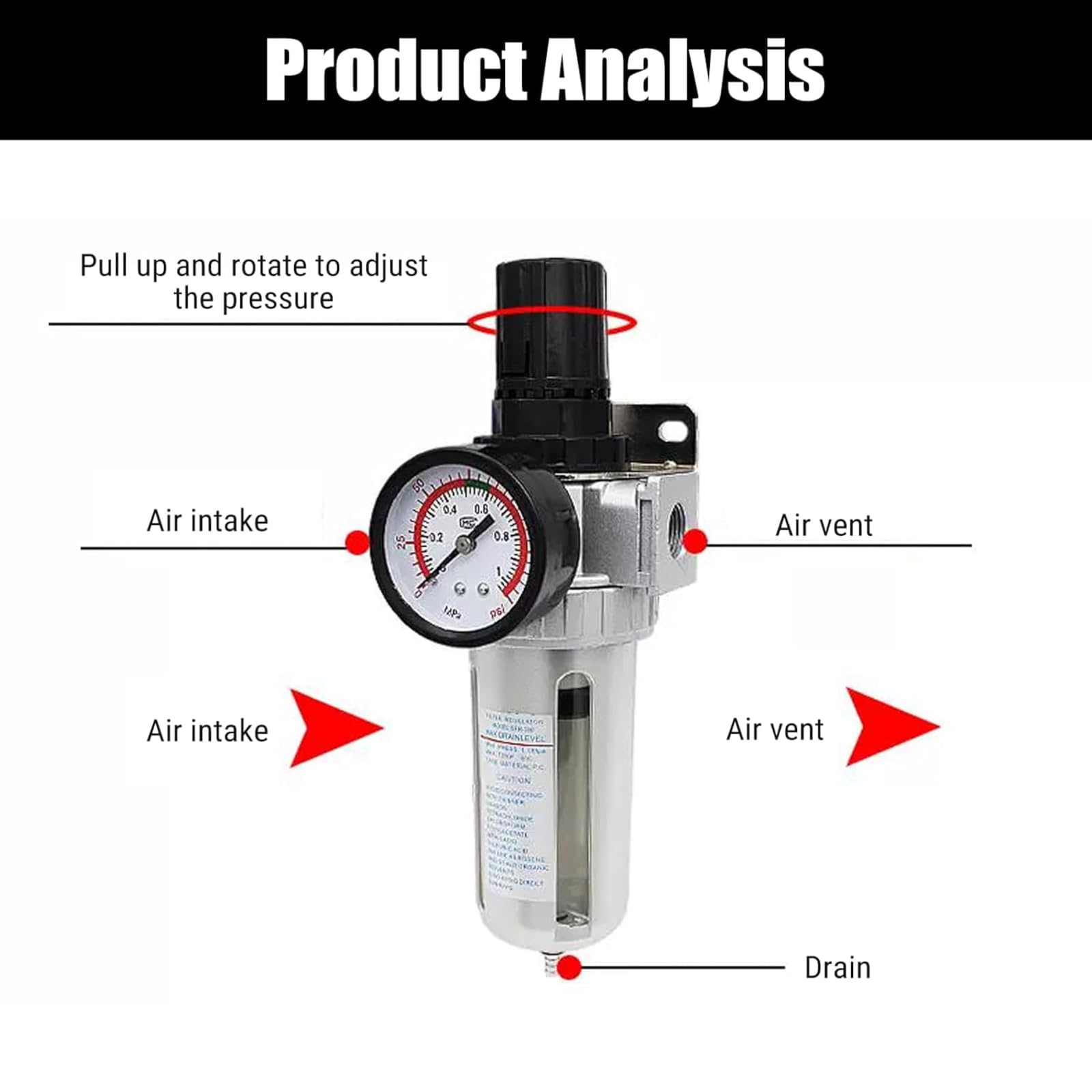 1/2" BSP Regulador de filtro de aire comprimido, Compresor de aire Regulador con filtro y separador de agua con conexión de montaje para compresor y herramientas de aire