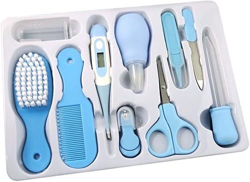 10 in 1 Baby Care Kit, Blue, Newborn Grooming Set with Brush, Comb, Thermometer, Nail Scissors, Nail Clipper, Nail File, Nasal Aspirator