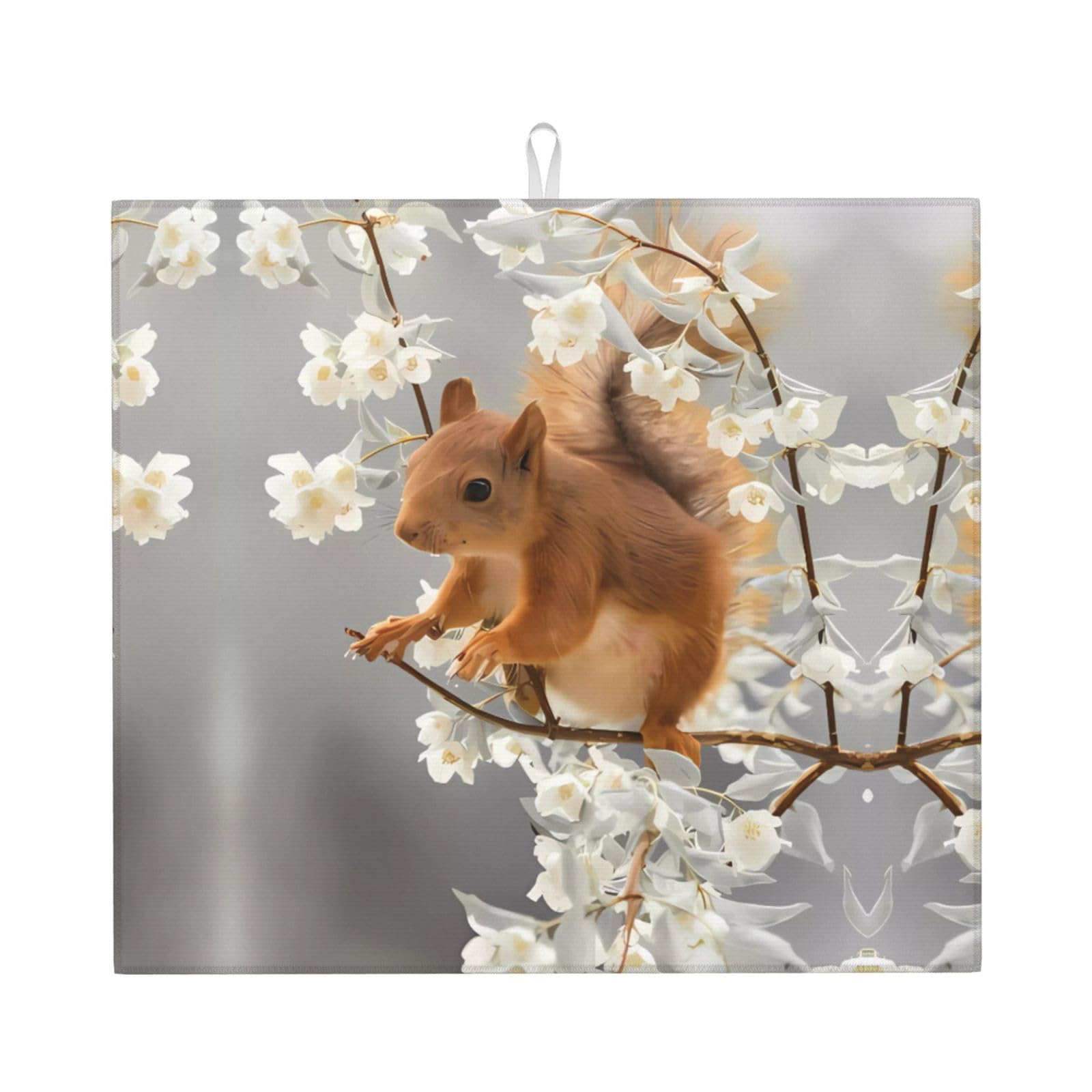 WHJSSF Squirrels in Spring Prints Kitchen Drying Mat - Absorbent Dish Drying Throw with Colorful Prints, Quick-Dry Countertop Layer for Dishes & Appliances - Non-Slip & Foldable