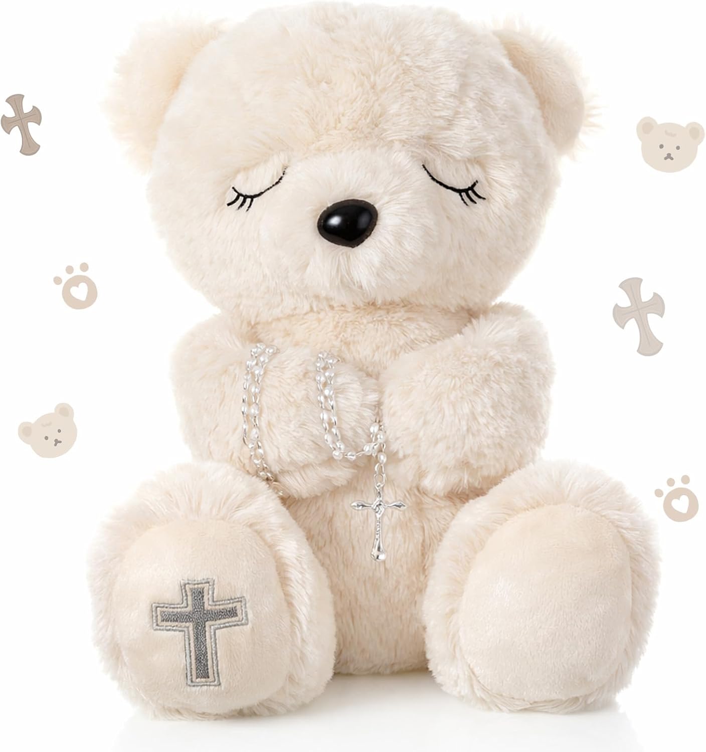 MiniInflat Blessed Plush Bear 10 Inches with Rosary Set Dedication and Baptism Gifts for Girl Boy First Communion Catholic Christening Gifts for Girls Plush Toy Praying Plush Animal, Bear