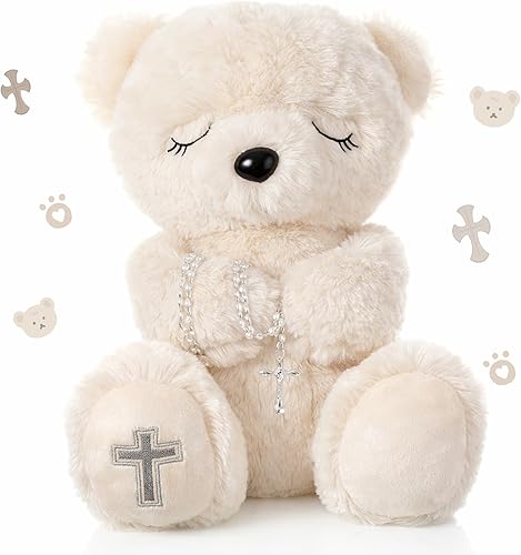 Bendito oso de peluche de 10 pulgadas con rosario, regalos de dedicación y bautismo para niñas y niños, primera comunión, regalos de bautizo