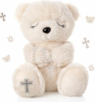 MiniInflat Blessed Plush Bear 10 Inches with Rosary Set Dedication and Baptism Gifts for Girl Boy First Communion Catholic Christening Gifts for Girls Plush Toy Praying Plush Animal, Bear